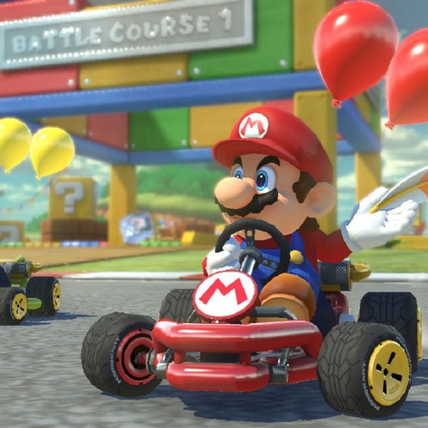 Les personnages Mario, Yoshi et Peach faisant du karting