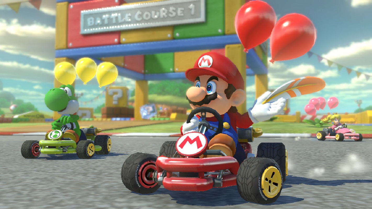 Les personnages Mario, Yoshi et Peach faisant du karting